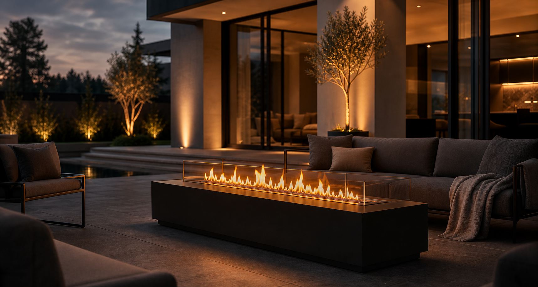 Abendliche Terrasse mit Bioethanol Kamin